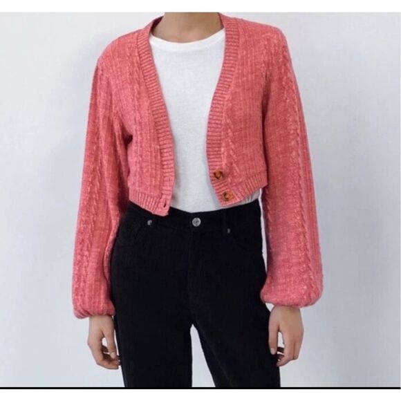 Zara Balloon Sleeves Cropped Knit Cardigan Pink Heather Size Small Women’s - Picture 1 of 7